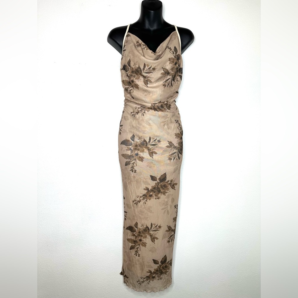 NWT Romwe Womens Y2K Maxi Slip Dress L Brown Romantic Floral Fairy Feminine Sexy